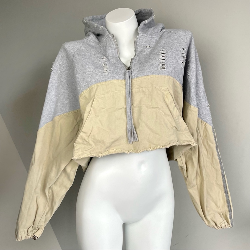 Grey Punk Distressed Cropped Hoodie